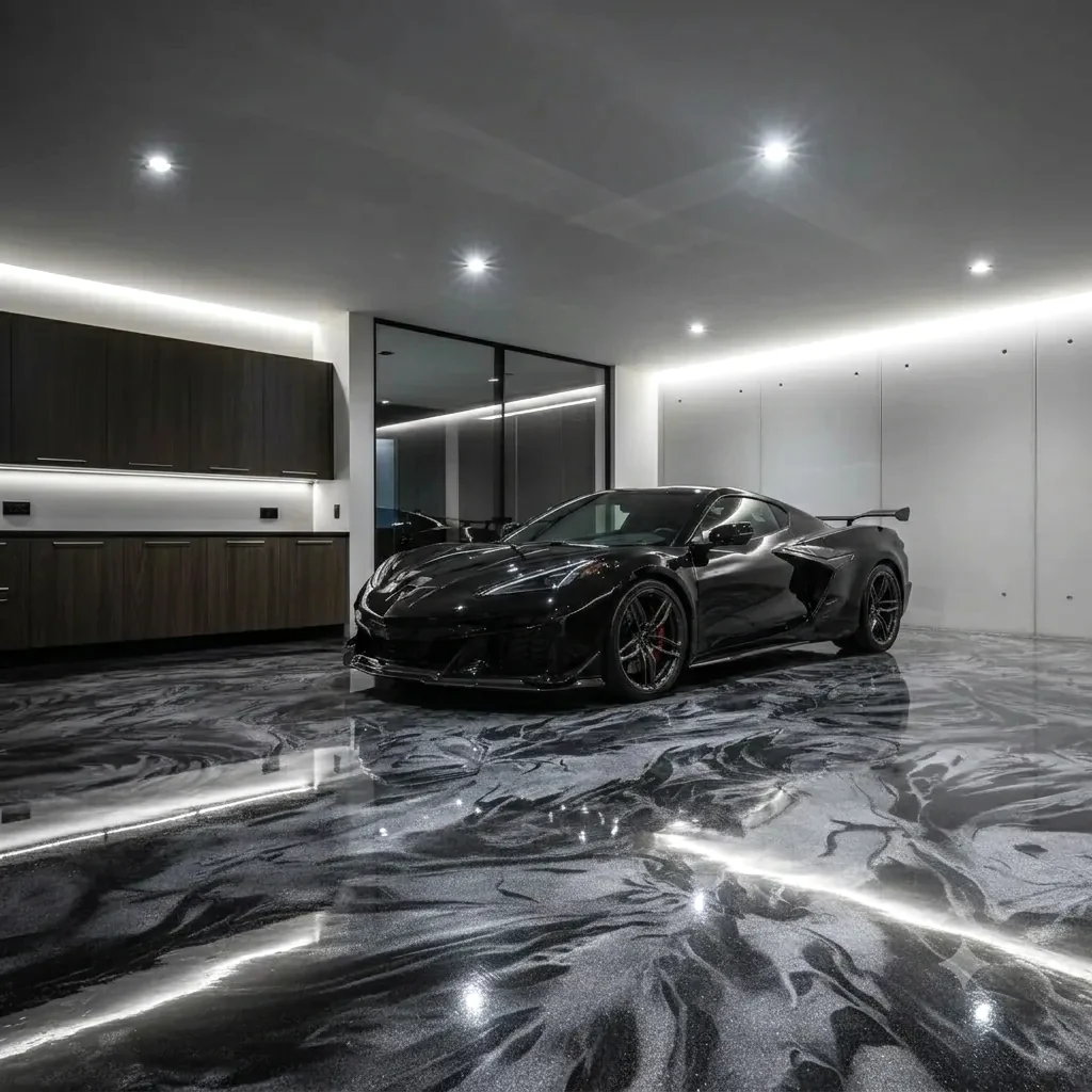 Garage de prestige au plancher d’époxy métallique noir et blanc
